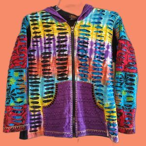 Rising International TieDye Razor Cut Jacket M Art to Wear Hoodie Hippie Rainbow